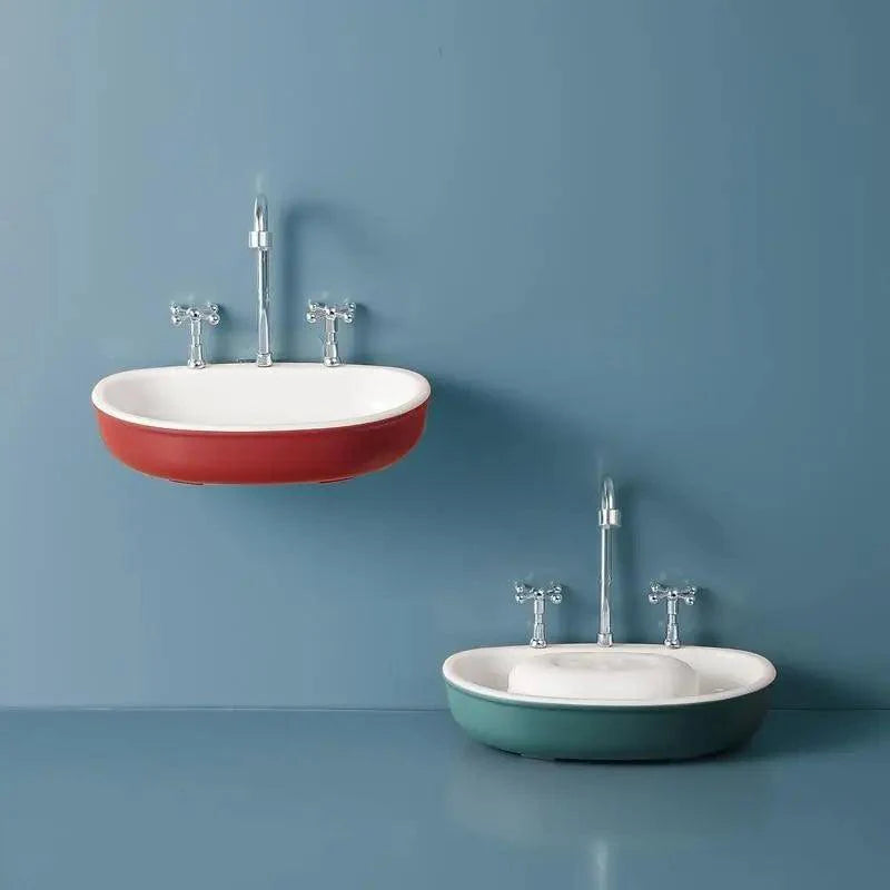 1 Pcs Porte-savon égouttoir en forme de robinet Produits de salle de bain portables Double couche 3 couleurs Boîte à savon écologique Porte-savon égouttoir Support éponge Récipient à savon avec bec verseur pour salle de bain douche évier de cuisine