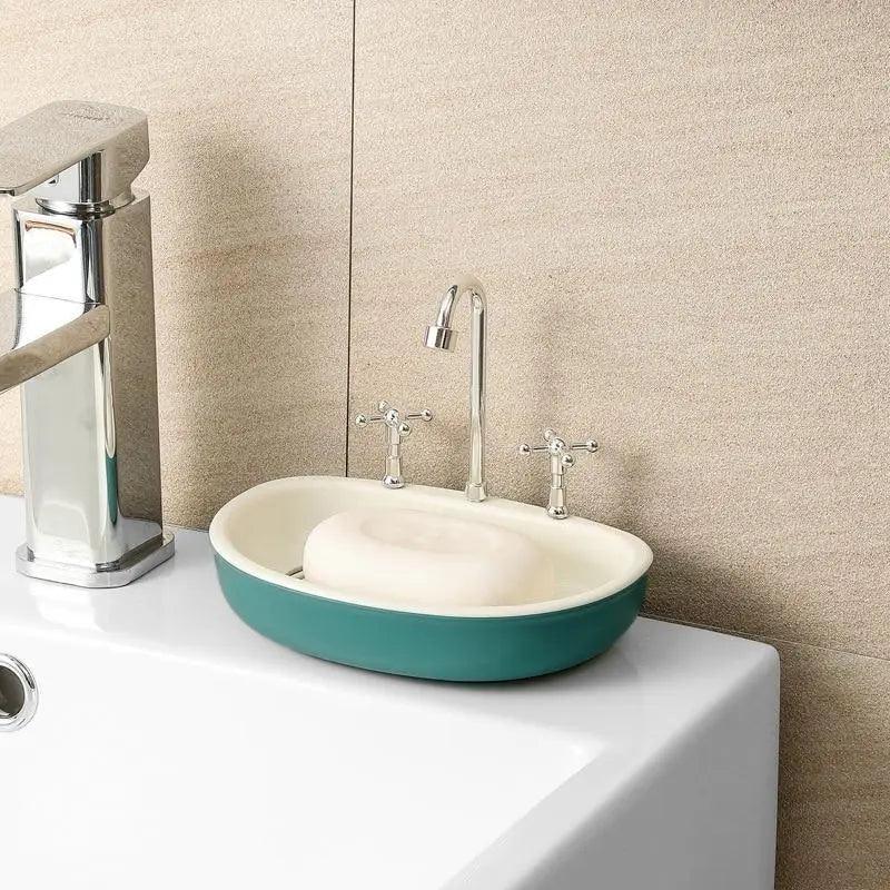 1 Pcs Porte-savon égouttoir en forme de robinet Produits de salle de bain portables Double couche 3 couleurs Boîte à savon écologique Porte-savon égouttoir Support éponge Récipient à savon avec bec verseur pour salle de bain douche évier de cuisine