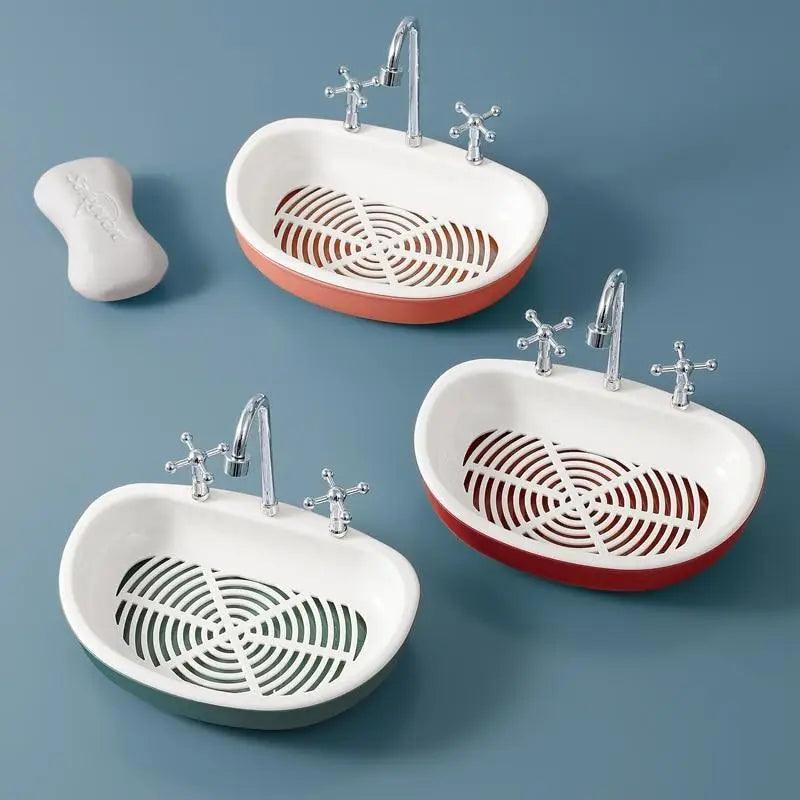 1 Pcs Porte-savon égouttoir en forme de robinet Produits de salle de bain portables Double couche 3 couleurs Boîte à savon écologique Porte-savon égouttoir Support éponge Récipient à savon avec bec verseur pour salle de bain douche évier de cuisine
