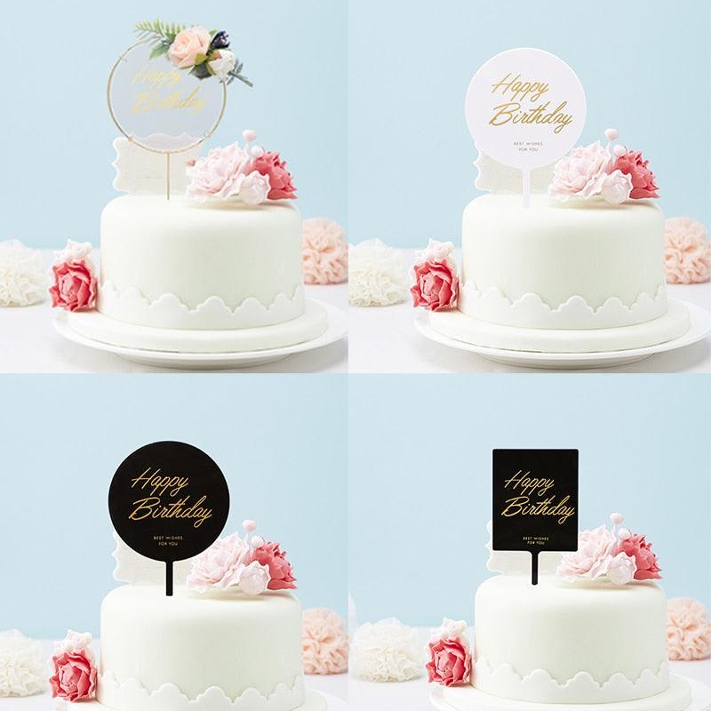 1pcs Décoration de gâteau d'anniversaire en métal Joyeux Anniversaire, Décoration de gâteau en métal et acrylique avec grappe de fleurs artificielles roses pour décoration de fête prénatale, d'anniversaire et de pâtisserie.