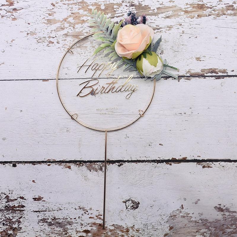 1pcs Décoration de gâteau d'anniversaire en métal Joyeux Anniversaire, Décoration de gâteau en métal et acrylique avec grappe de fleurs artificielles roses pour décoration de fête prénatale, d'anniversaire et de pâtisserie.