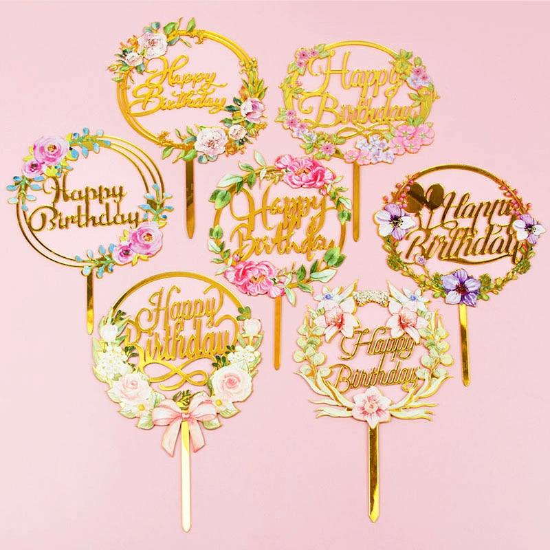 1pcs Décoration de gâteau d'anniversaire en métal Joyeux Anniversaire, Décoration de gâteau en métal et acrylique avec grappe de fleurs artificielles roses pour décoration de fête prénatale, d'anniversaire et de pâtisserie.