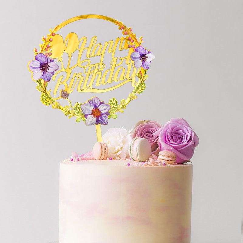 1pcs Décoration de gâteau d'anniversaire en métal Joyeux Anniversaire, Décoration de gâteau en métal et acrylique avec grappe de fleurs artificielles roses pour décoration de fête prénatale, d'anniversaire et de pâtisserie.