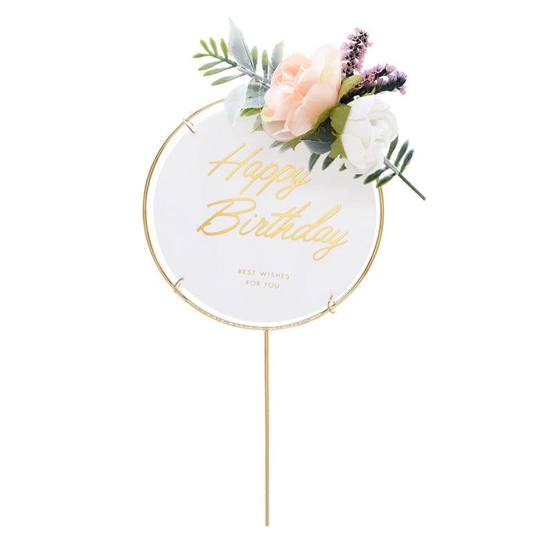 1pcs Décoration de gâteau d'anniversaire en métal Joyeux Anniversaire, Décoration de gâteau en métal et acrylique avec grappe de fleurs artificielles roses pour décoration de fête prénatale, d'anniversaire et de pâtisserie.