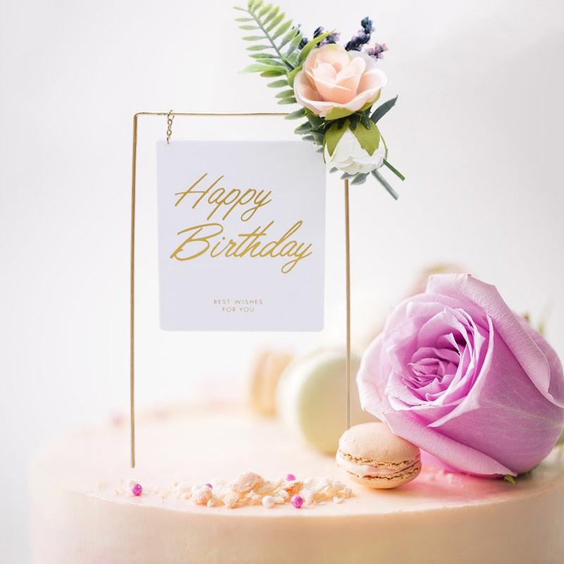 1pcs Décoration de gâteau d'anniversaire en métal Joyeux Anniversaire, Décoration de gâteau en métal et acrylique avec grappe de fleurs artificielles roses pour décoration de fête prénatale, d'anniversaire et de pâtisserie.