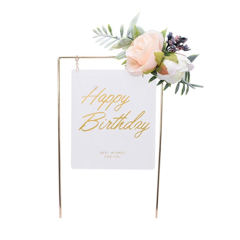 1pcs Décoration de gâteau d'anniversaire en métal Joyeux Anniversaire, Décoration de gâteau en métal et acrylique avec grappe de fleurs artificielles roses pour décoration de fête prénatale, d'anniversaire et de pâtisserie.