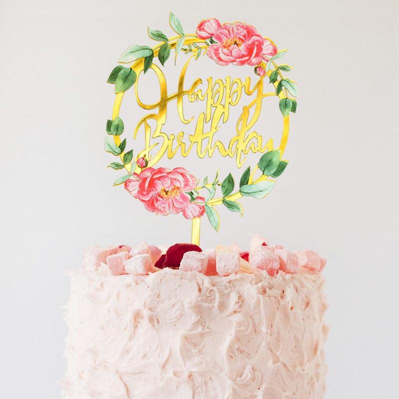 1pcs Décoration de gâteau d'anniversaire en métal Joyeux Anniversaire, Décoration de gâteau en métal et acrylique avec grappe de fleurs artificielles roses pour décoration de fête prénatale, d'anniversaire et de pâtisserie.