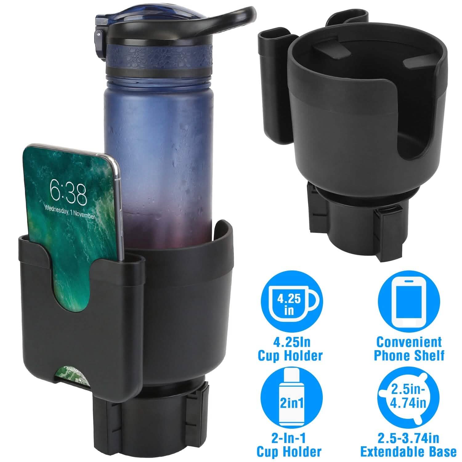 Porte-gobelet 2-en-1 avec support de téléphone et base réglable