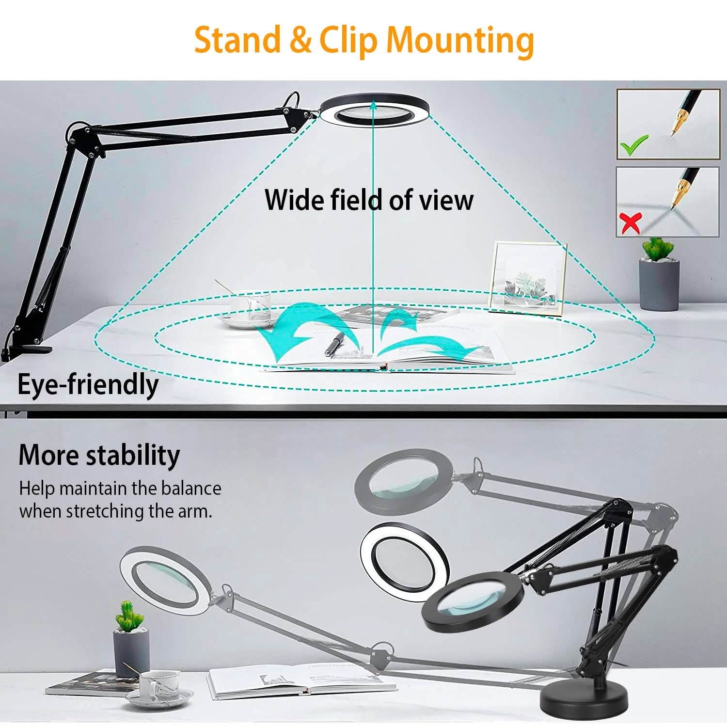 Lampe loupe LED de bureau 2-en-1 avec grossissement 8x
