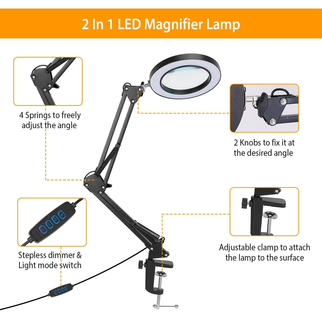 Lampe loupe LED de bureau 2-en-1 avec grossissement 8x