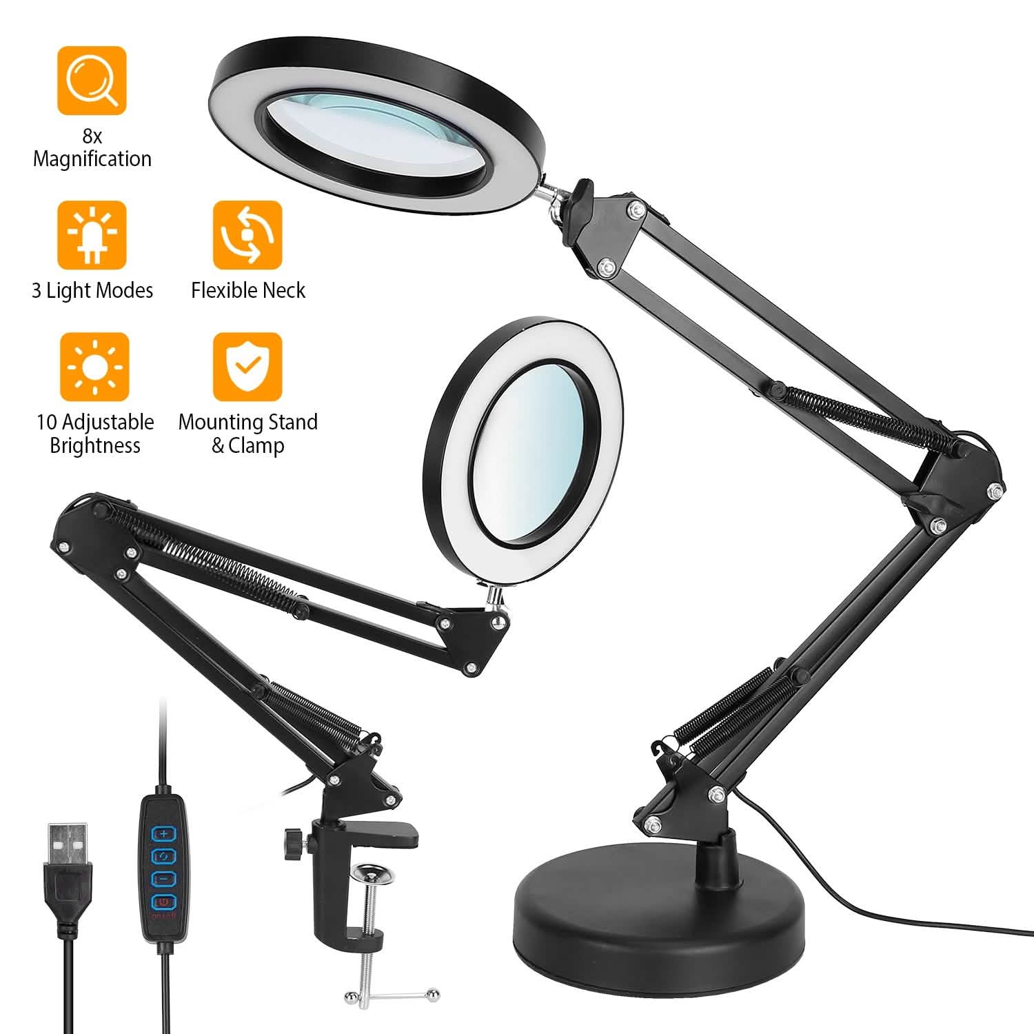 Lampe loupe LED de bureau 2-en-1 avec grossissement 8x