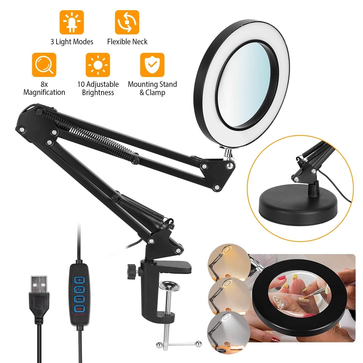 Lampe loupe LED de bureau 2-en-1 avec grossissement 8x