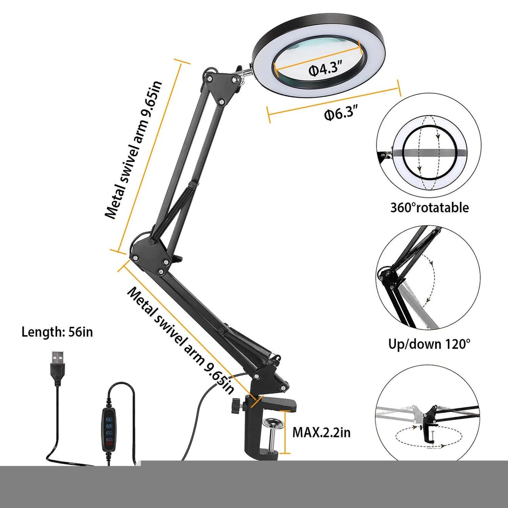 Lampe loupe LED de bureau 2-en-1 avec grossissement 8x