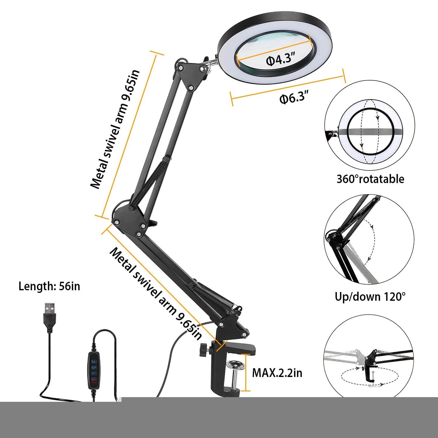 Lampe loupe LED de bureau 2-en-1 avec grossissement 8x