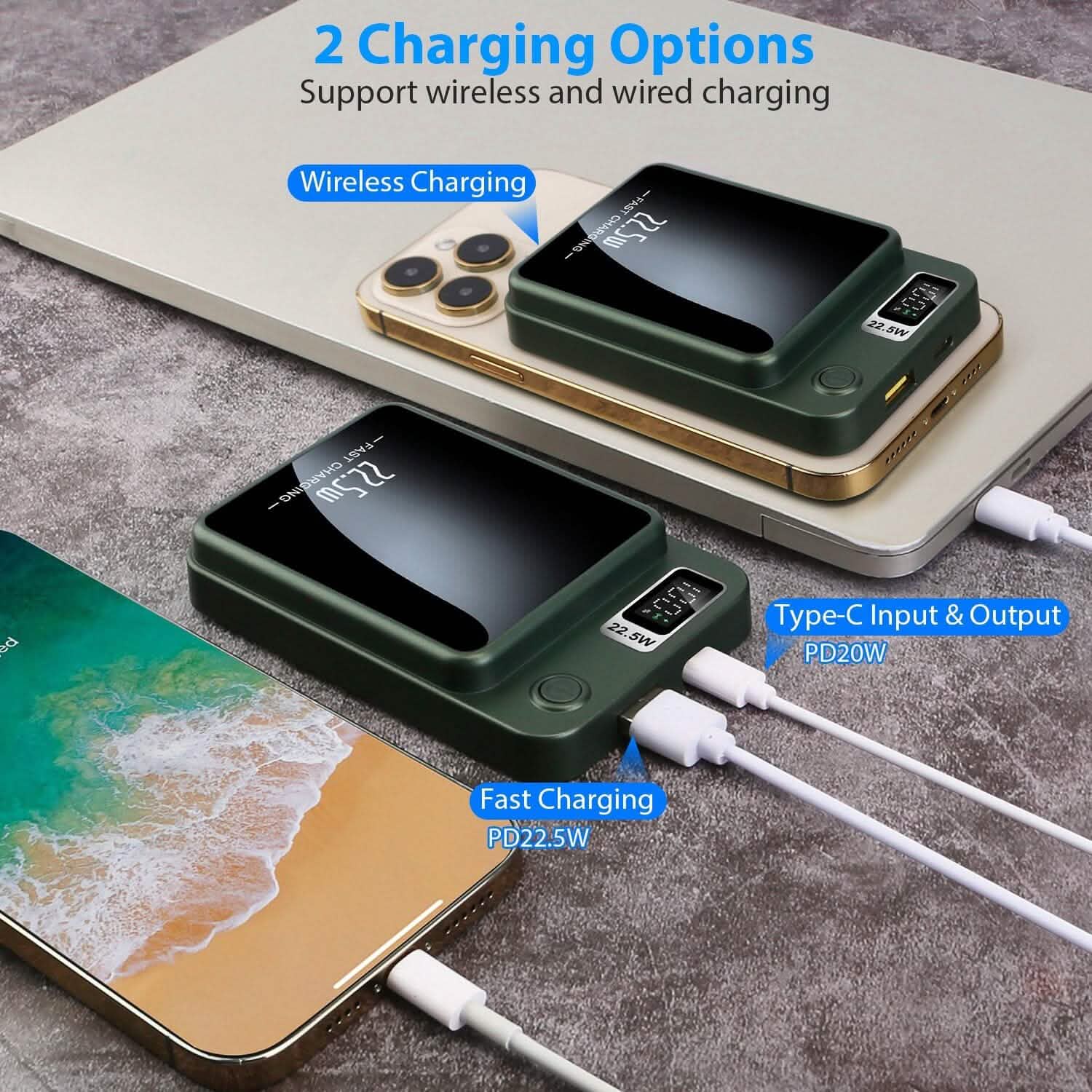 Batterie externe magnétique sans fil 2-en-1 10000 mAh Chargeur rapide PD20W compatible MagSafe
