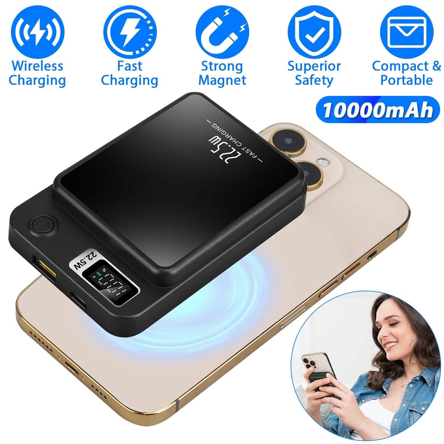 Batterie externe magnétique sans fil 2-en-1 10000 mAh Chargeur rapide PD20W compatible MagSafe