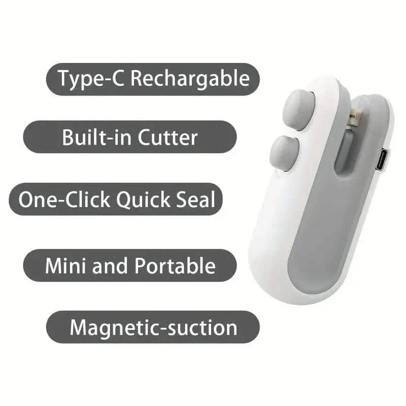 Mini scelleuse de sacs 2-en-1 pour collations, scelleuse thermique en plastique rechargeable par USB avec cutter
