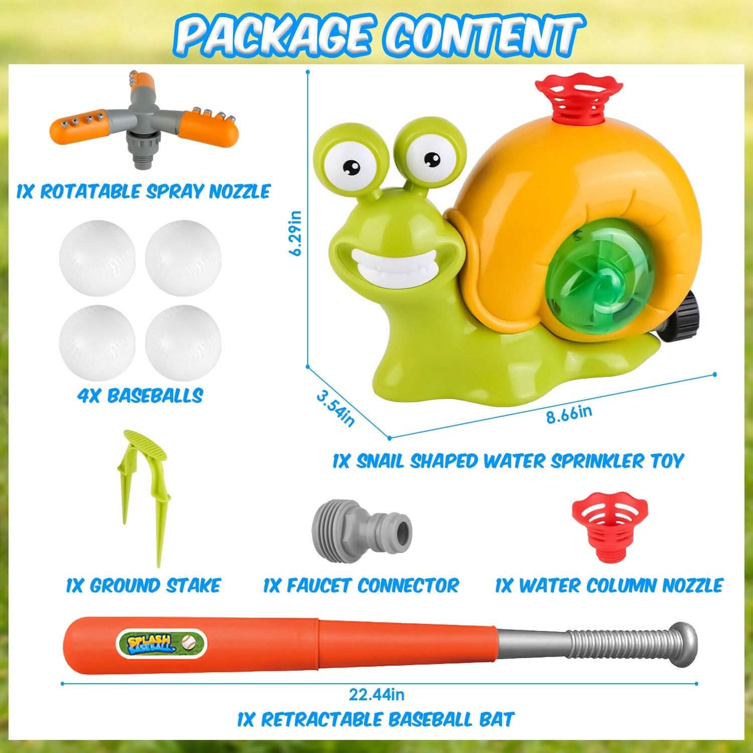 Jouet de baseball arroseur d'eau escargot 2 en 1 avec 2 buses d'arrosage
