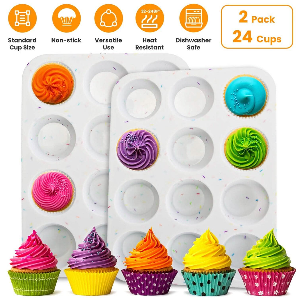 Lot de 2 : Moules à muffins en silicone antiadhésifs 12 tasses