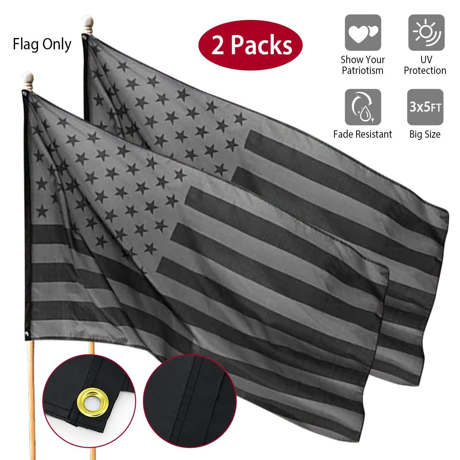 Paquet de 2 : Drapeau américain entièrement noir de 0,9 x 1,5 m