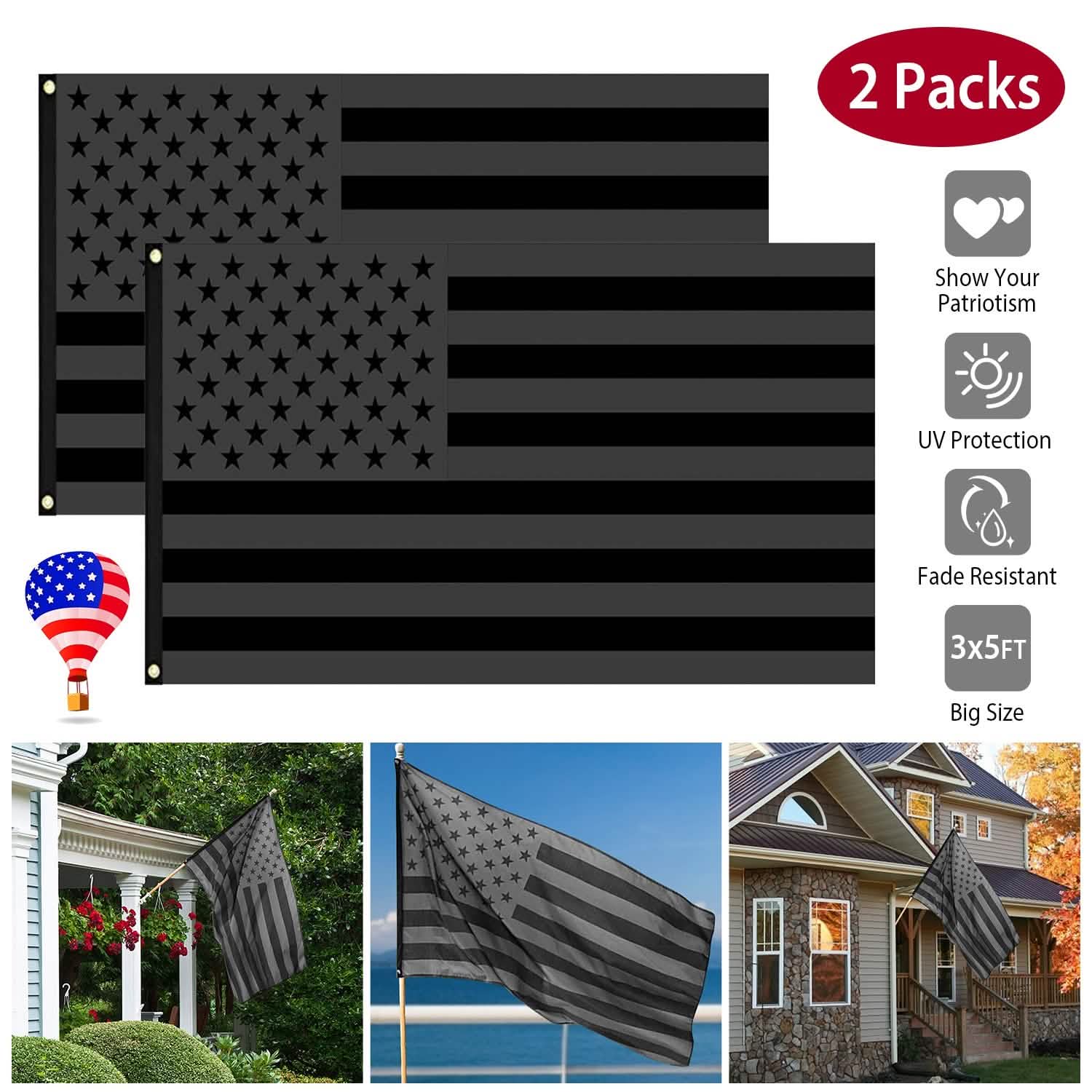 Paquet de 2 : Drapeau américain entièrement noir de 0,9 x 1,5 m