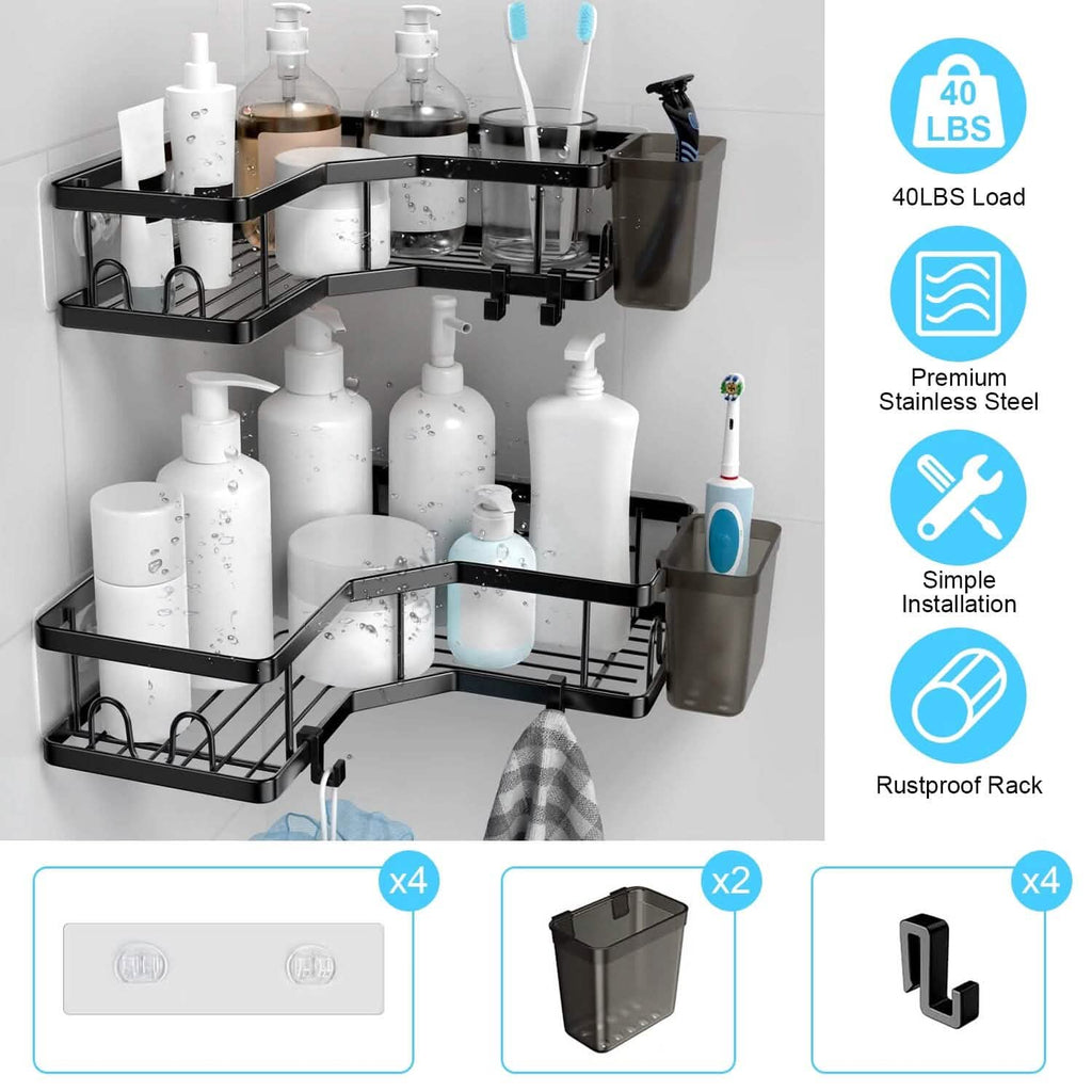 Lot de 2 : Étagère de douche d'angle, sans perçage, organisateur de douche adhésif