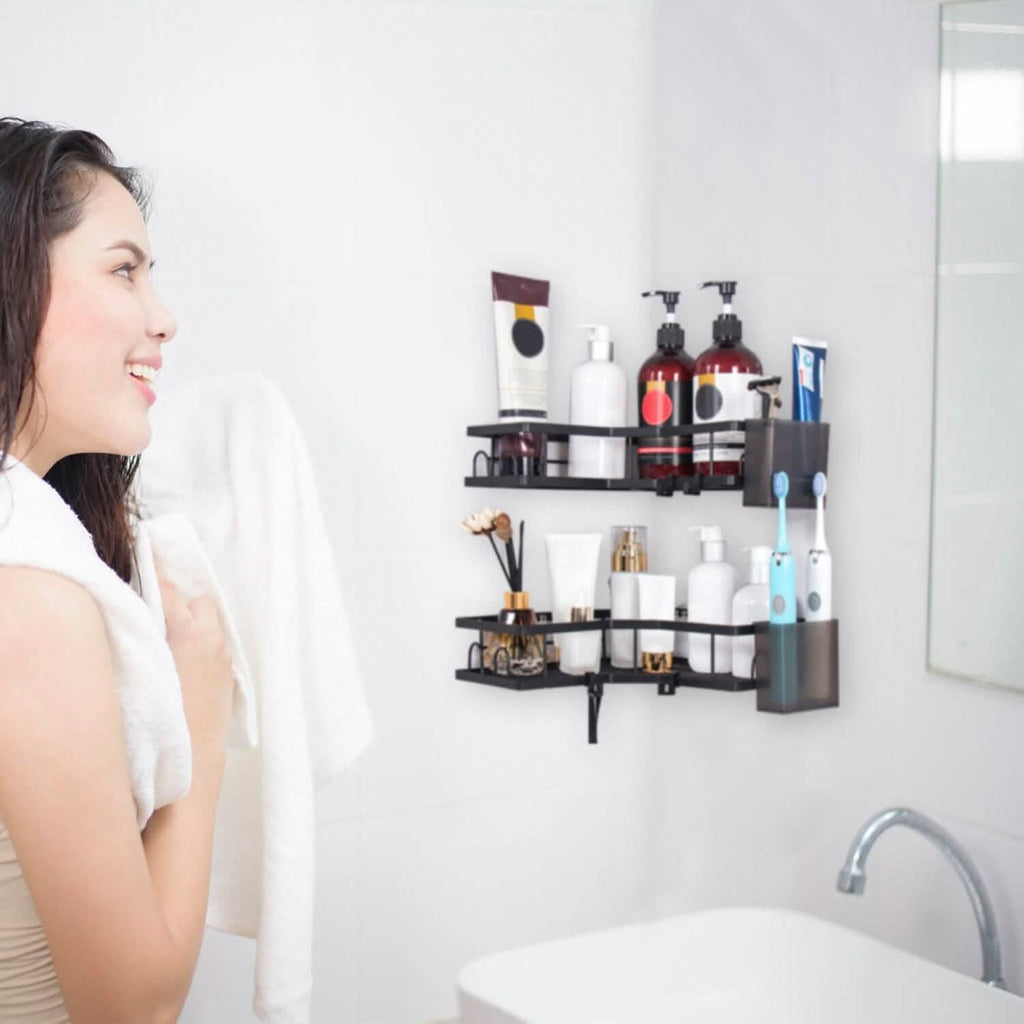 Lot de 2 : Étagère de douche d'angle, sans perçage, organisateur de douche adhésif