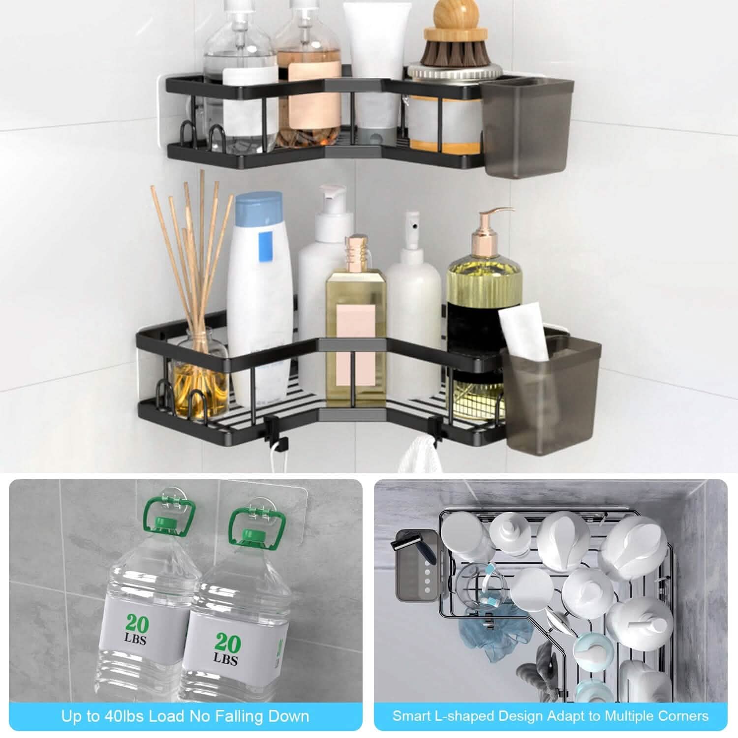 Lot de 2 : Étagère de douche d'angle, sans perçage, organisateur de douche adhésif