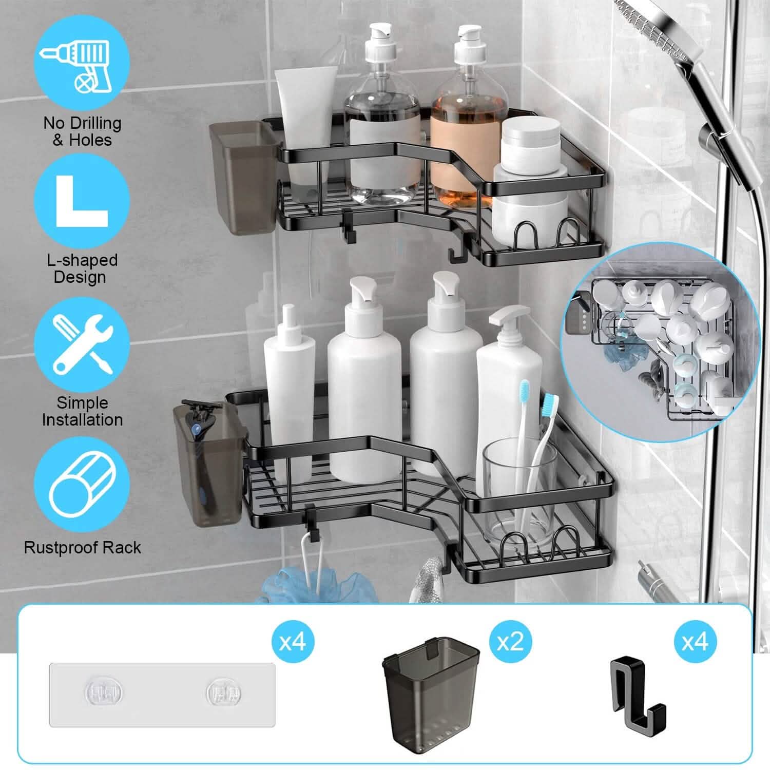 Lot de 2 : Étagère de douche d'angle, sans perçage, organisateur de douche adhésif