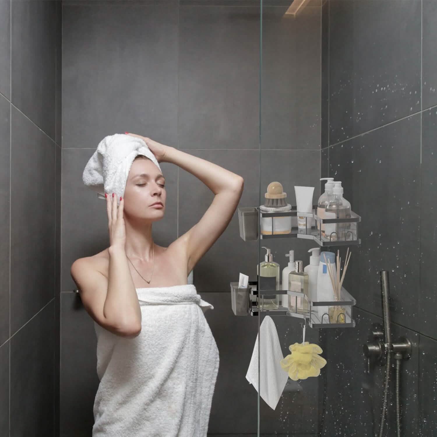 Lot de 2 : Étagère de douche d'angle, sans perçage, organisateur de douche adhésif