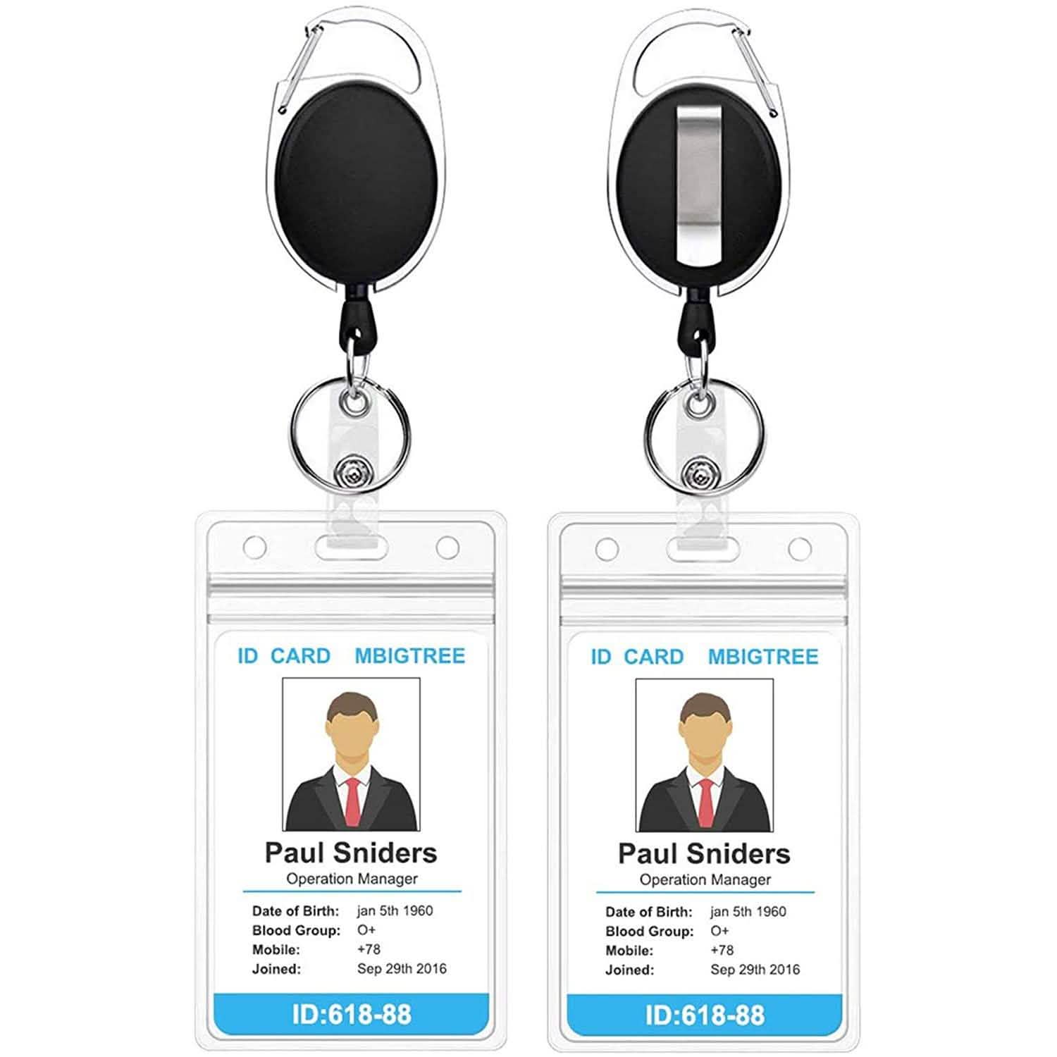Lot de 2 : Porte-badges rétractables robustes avec mousqueton et porte-cartes d'identité transparents verticaux