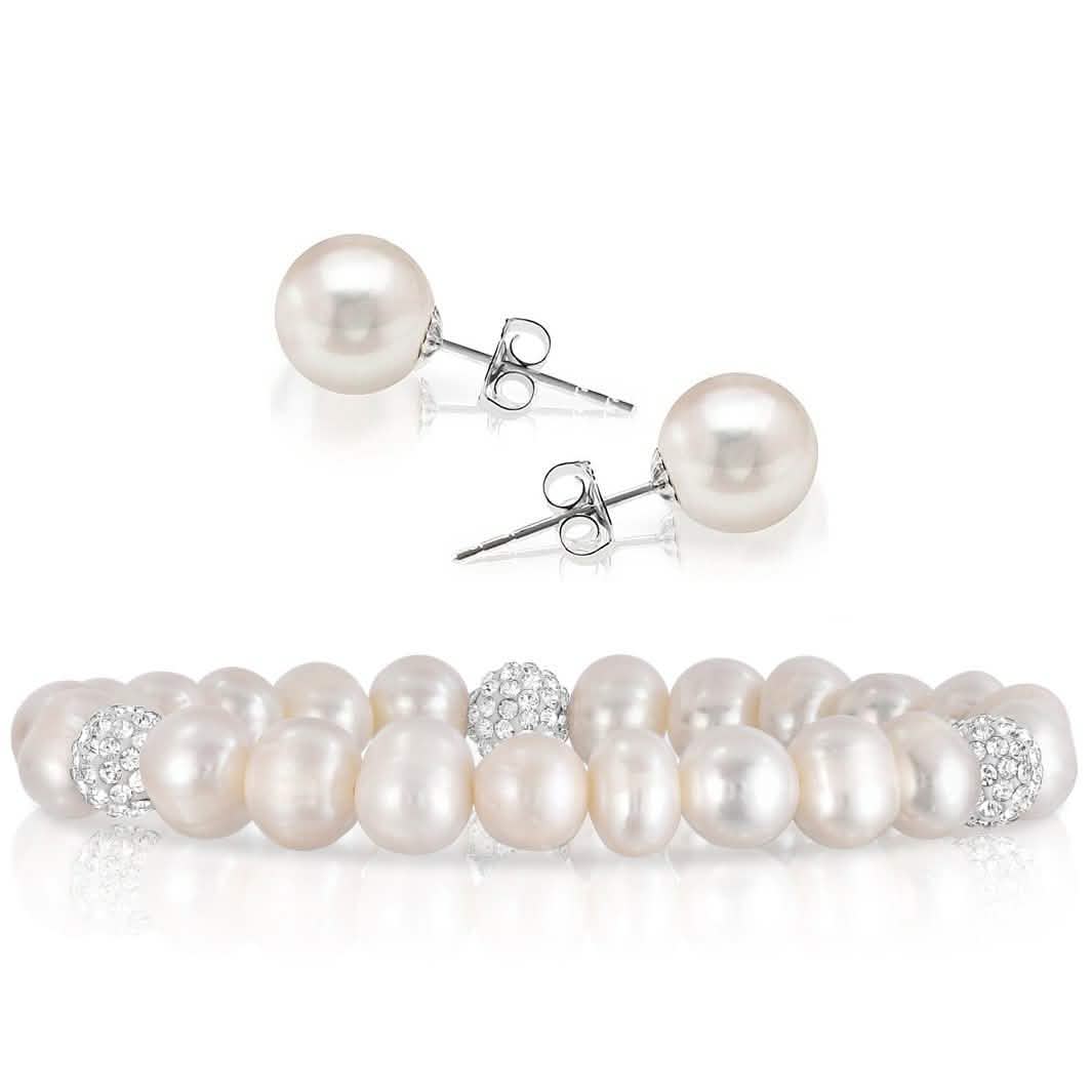 Lot de 2 : Bracelet extensible perles et cristaux et boucles d'oreilles clous assorties