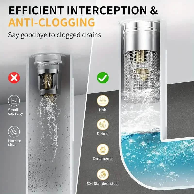 Lot de 2 : Bouchon de lavabo escamotable avec filtre de drain en acier inoxydable et récupérateur de cheveux