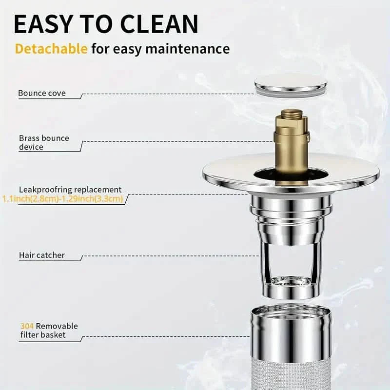 Lot de 2 : Bouchon de lavabo escamotable avec filtre de drain en acier inoxydable et récupérateur de cheveux