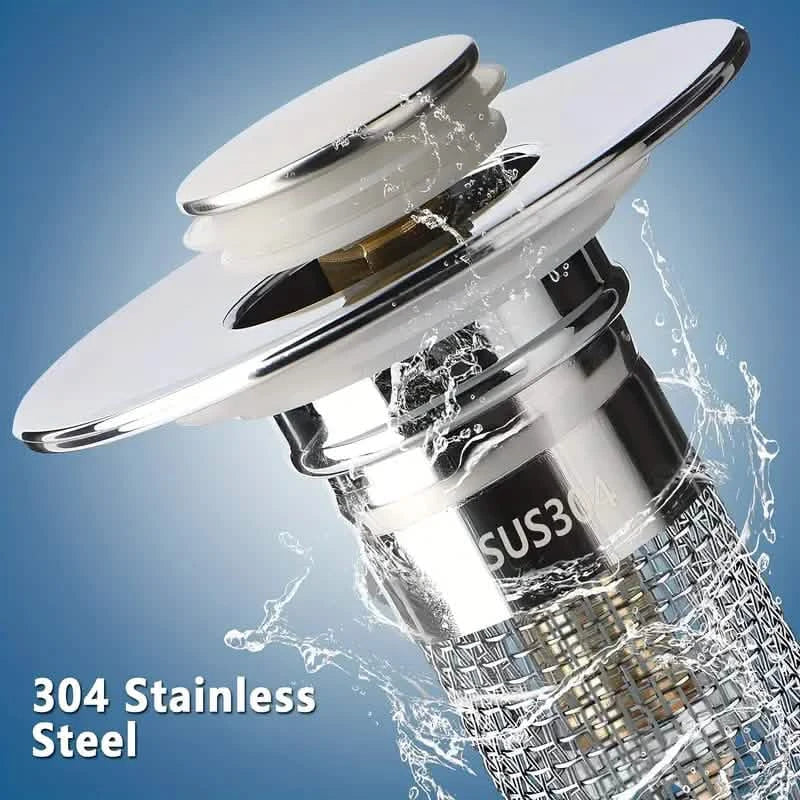 Lot de 2 : Bouchon de lavabo escamotable avec filtre de drain en acier inoxydable et récupérateur de cheveux