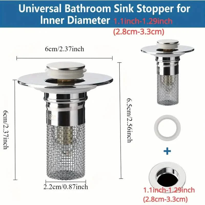 Lot de 2 : Bouchon de lavabo escamotable avec filtre de drain en acier inoxydable et récupérateur de cheveux
