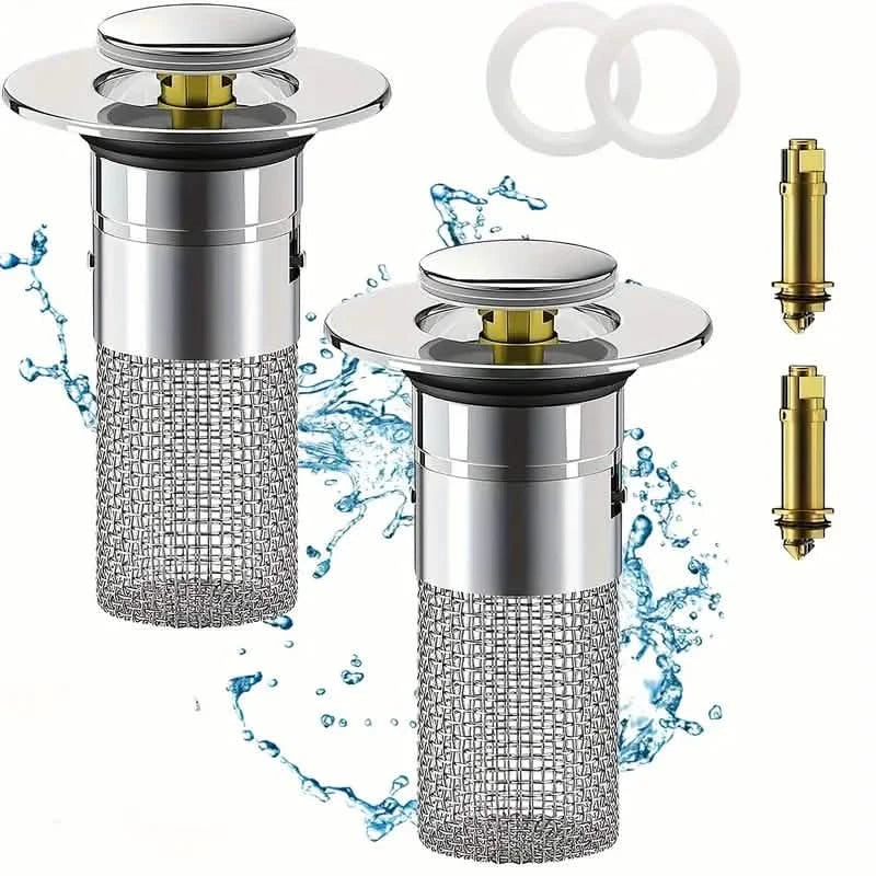 Lot de 2 : Bouchon de lavabo escamotable avec filtre de drain en acier inoxydable et récupérateur de cheveux