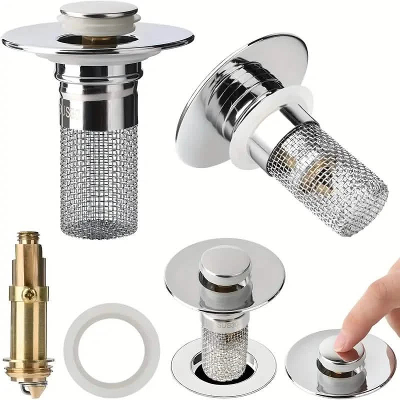 Lot de 2 : Bouchon de lavabo escamotable avec filtre de drain en acier inoxydable et récupérateur de cheveux