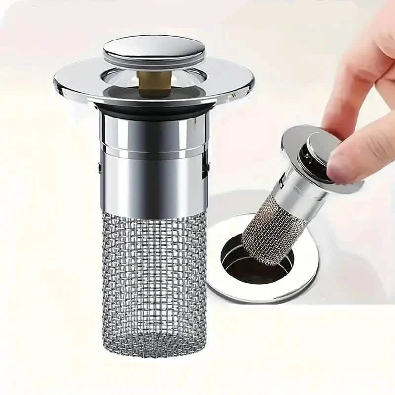 Lot de 2 : Bouchon de lavabo escamotable avec filtre de drain en acier inoxydable et récupérateur de cheveux