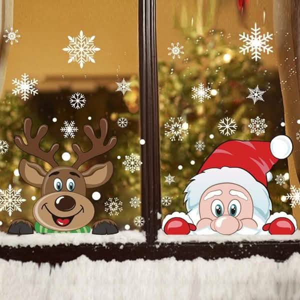 Lot de 2 : Autocollant de Noël double face pour vitrine de magasin, hôtel, avec Père Noël et élan