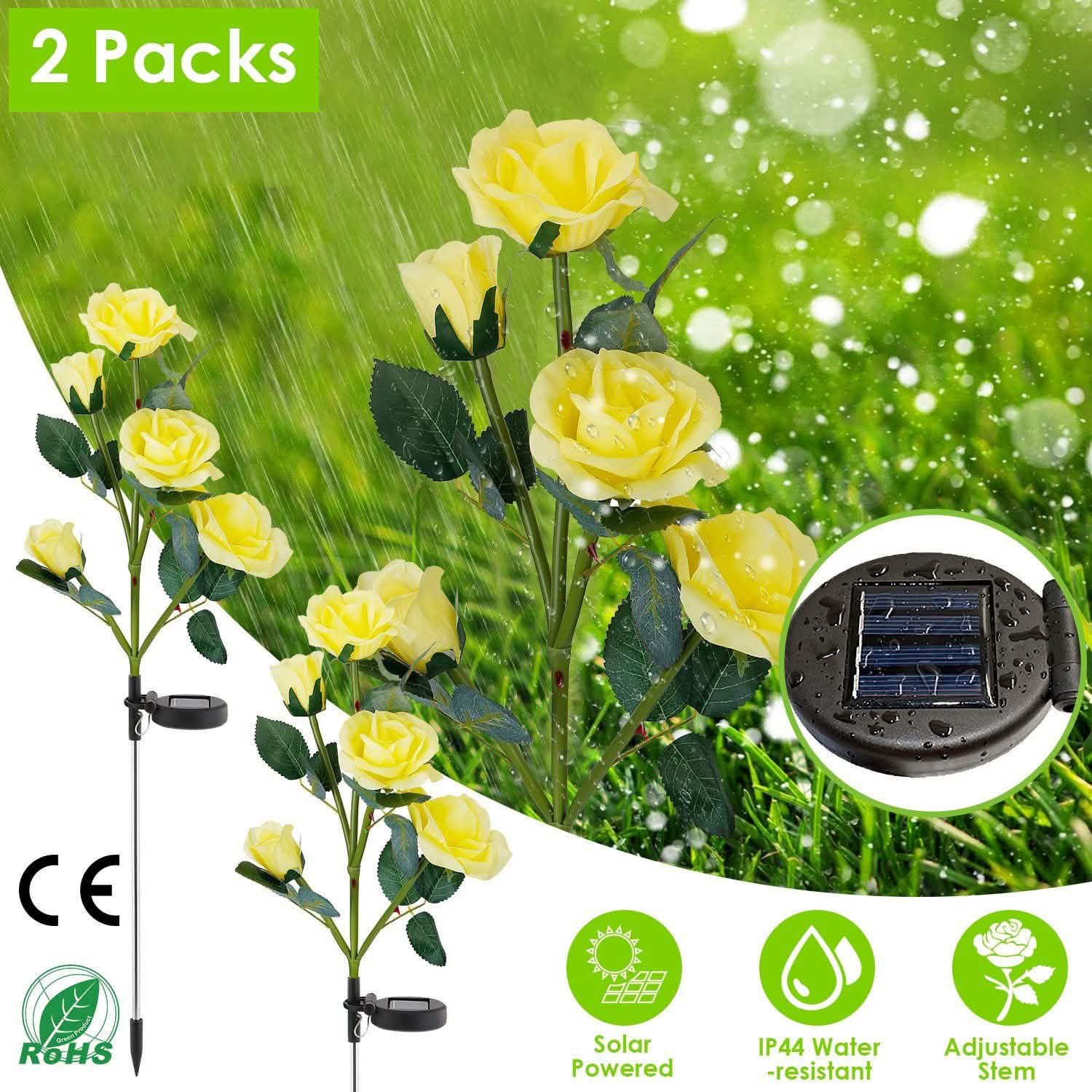 Lot de 2 : Lampe décorative LED en forme de rose à énergie solaire