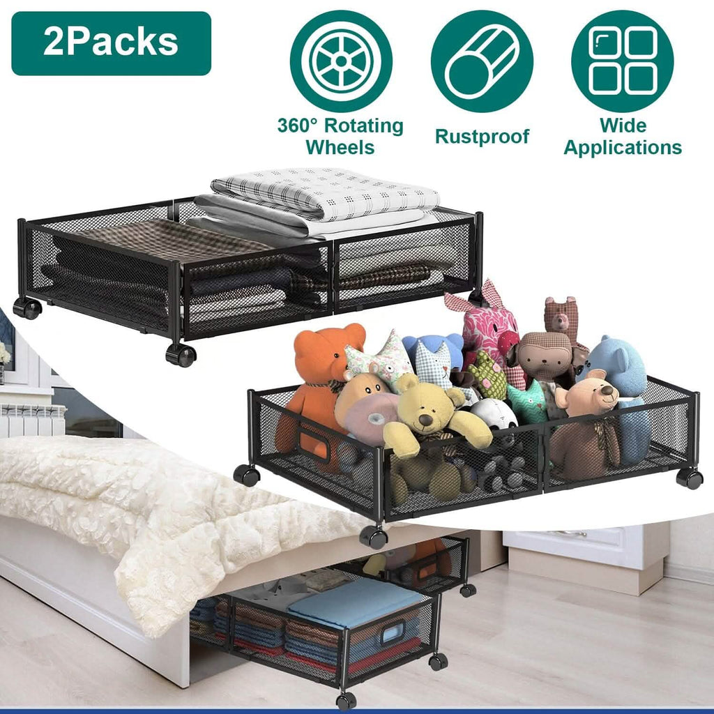 Lot de 2 : bac de rangement pliable à roulettes sous le lit