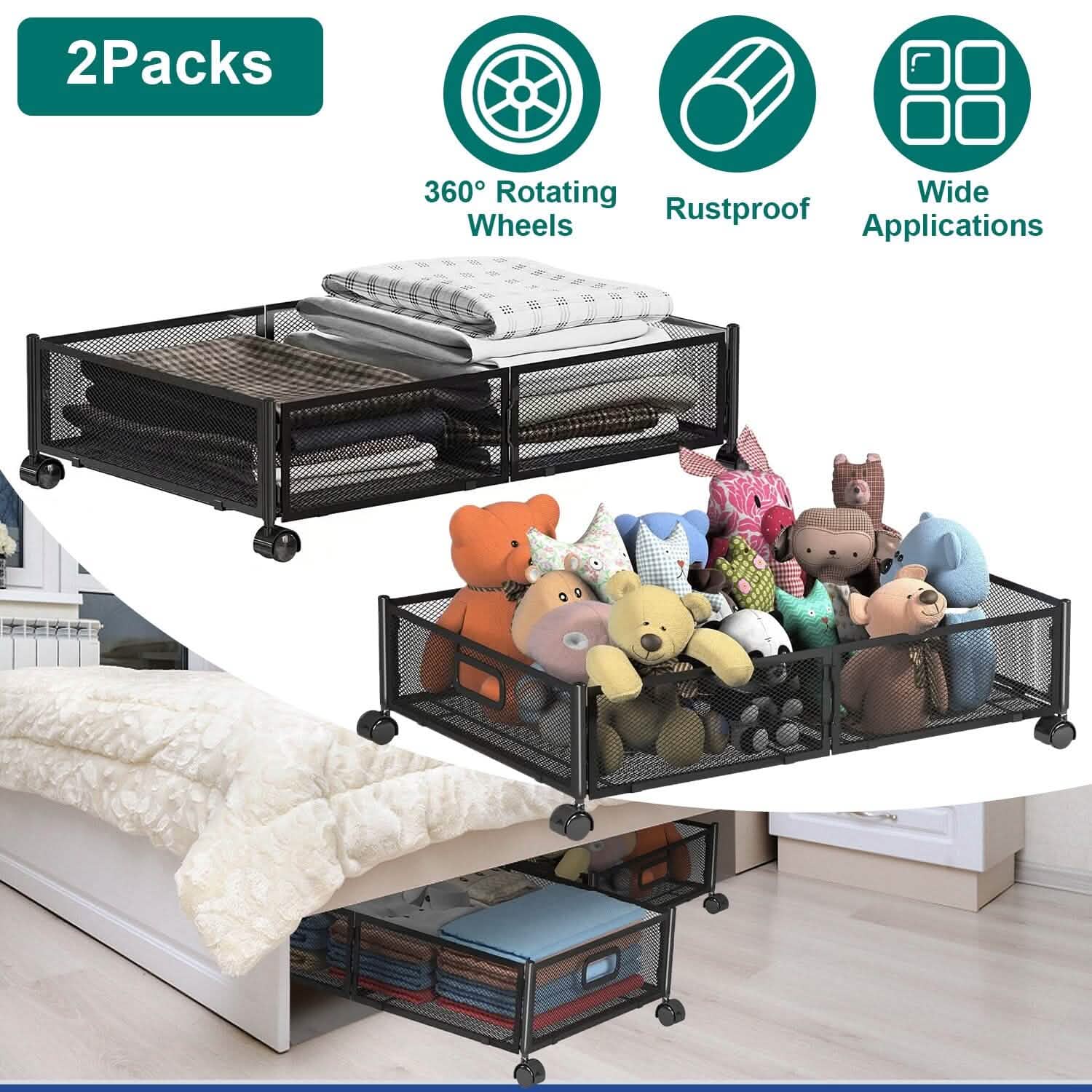 Lot de 2 : bac de rangement pliable à roulettes sous le lit