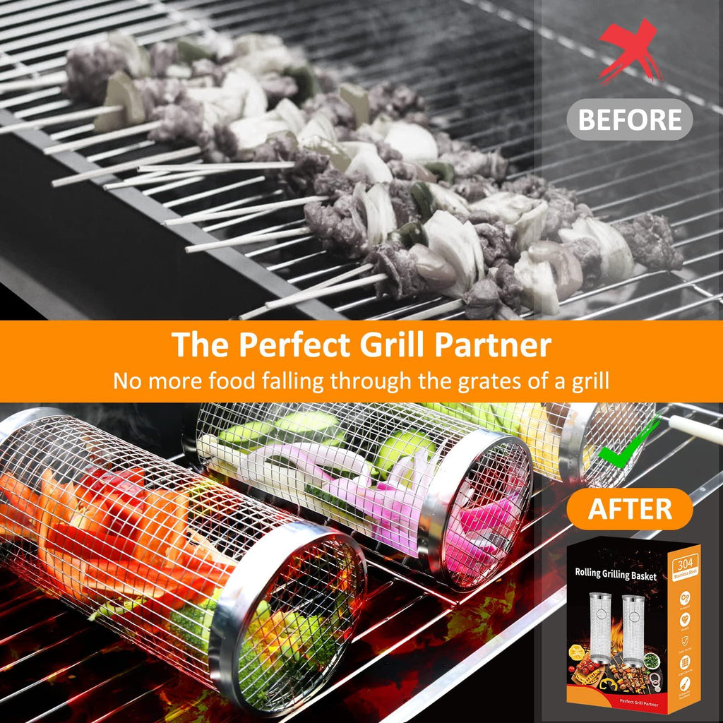 Lot de 2 paniers de cuisson roulants pour barbecue, en acier inoxydable, portables, accessoires de barbecue pour poisson, paniers de cuisson roulants pour barbecue extérieur, grilles cylindriques en acier inoxydable