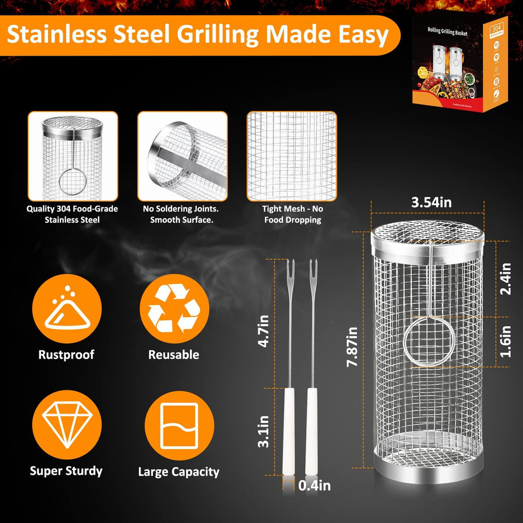 Lot de 2 paniers de cuisson roulants pour barbecue, en acier inoxydable, portables, accessoires de barbecue pour poisson, paniers de cuisson roulants pour barbecue extérieur, grilles cylindriques en acier inoxydable