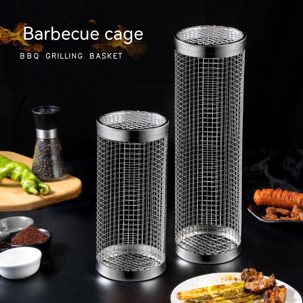 Lot de 2 paniers de cuisson roulants pour barbecue, en acier inoxydable, portables, accessoires de barbecue pour poisson, paniers de cuisson roulants pour barbecue extérieur, grilles cylindriques en acier inoxydable