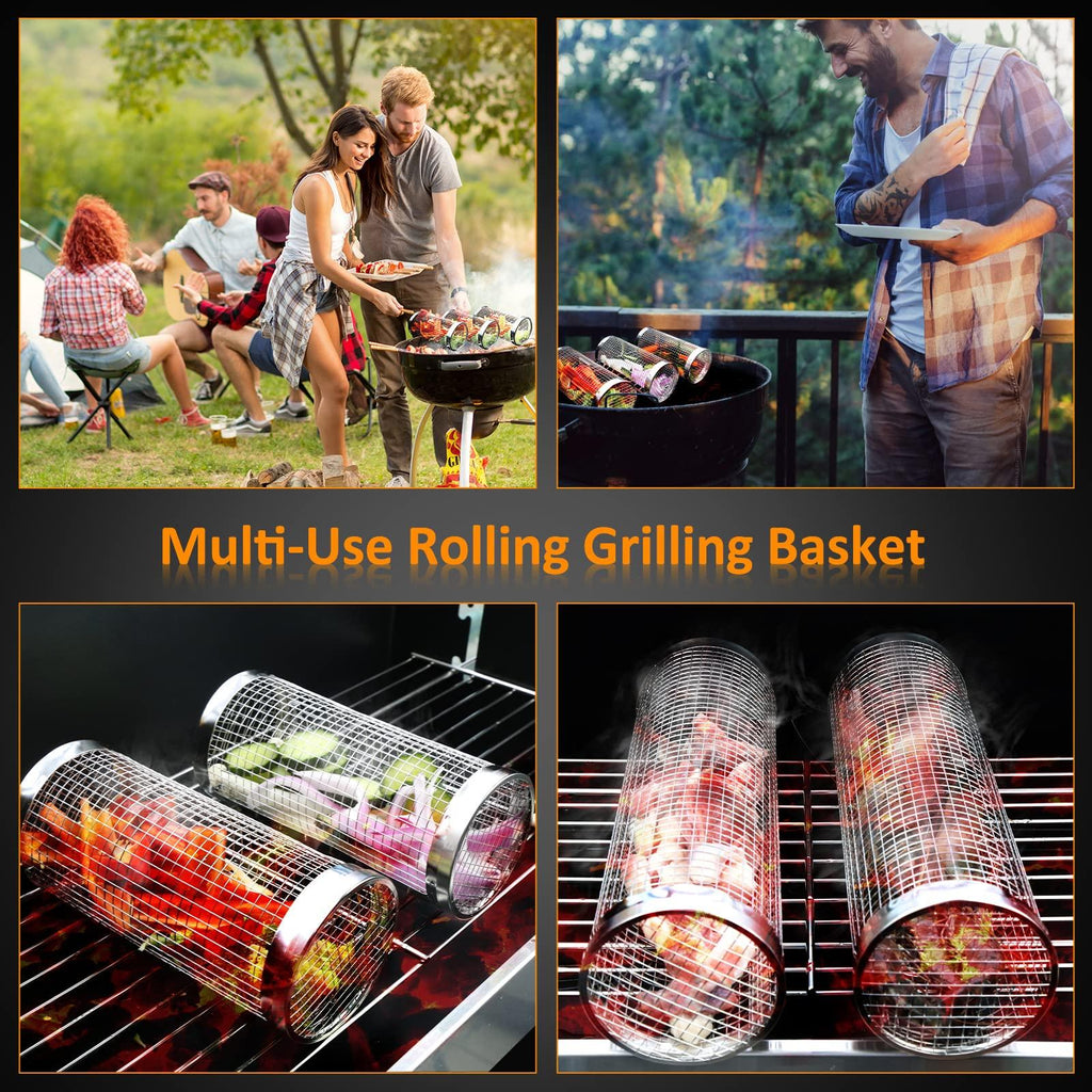 Lot de 2 paniers de cuisson roulants pour barbecue, en acier inoxydable, portables, accessoires de barbecue pour poisson, paniers de cuisson roulants pour barbecue extérieur, grilles cylindriques en acier inoxydable