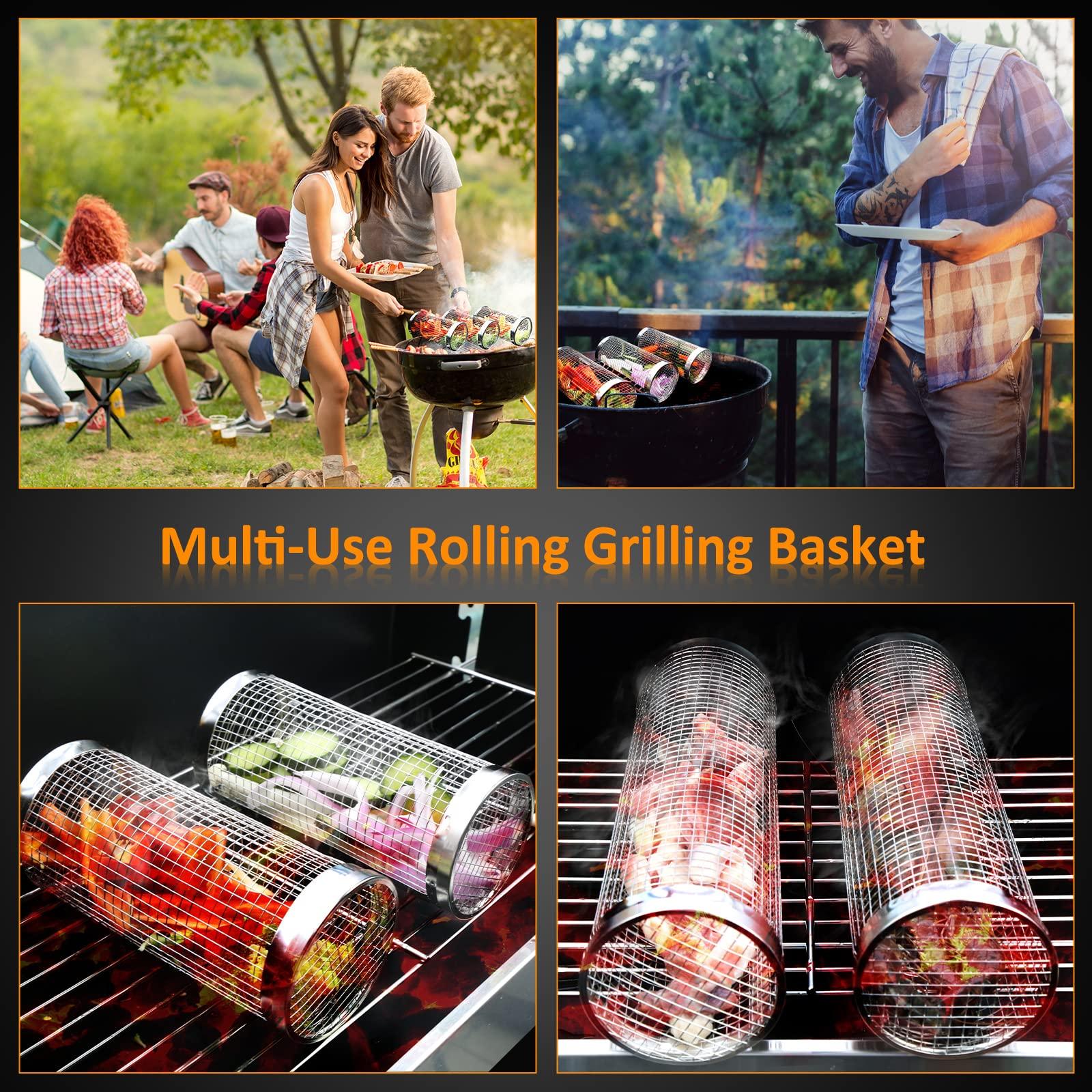 Lot de 2 paniers de cuisson roulants pour barbecue, en acier inoxydable, portables, accessoires de barbecue pour poisson, paniers de cuisson roulants pour barbecue extérieur, grilles cylindriques en acier inoxydable