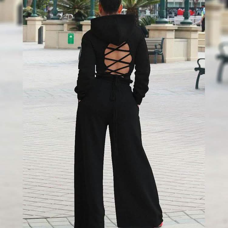 Ensemble 2 pièces : combinaison ample à jambes larges avec dos ouvert à cordon de serrage