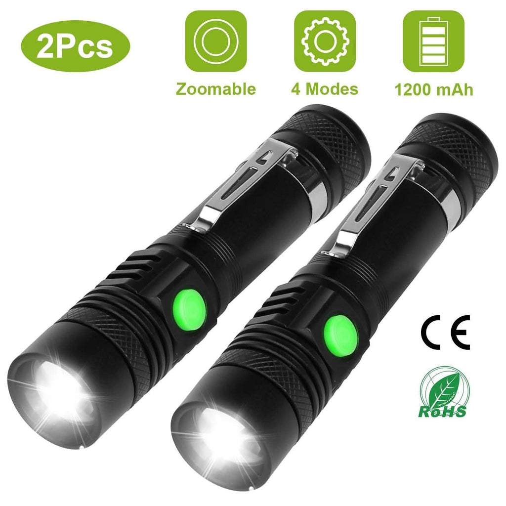 Lot de 2 : Lampe torche LED portable, zoomable et rechargeable par USB